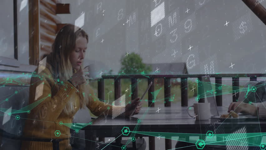 Woman tapping tablet screen for data analysis sparking animated charts, grids, nodes around couple. Technology, collaboration, innovation, digital, communication, urban, lifestyle - Powered by Shutterstock - Get 15% off with code: PIKWIZARD15