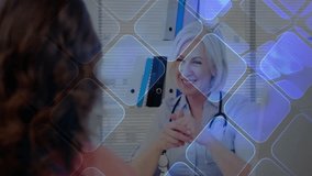 Doctor explaining diagnosis to patient in clinic with digital network overlay growing across screen. Medical, consultancy, futuristic, healthcare, technology, professional, communication - Powered by Shutterstock - Get 15% off with code: PIKWIZARD15