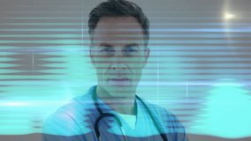 Glitch revealing doctor in corridor adopting gaze and showing stethoscope for medical authority. Medical, healthcare, technology, authority, professionalism, digital, futuristic - Powered by Shutterstock - Get 15% off with code: PIKWIZARD15