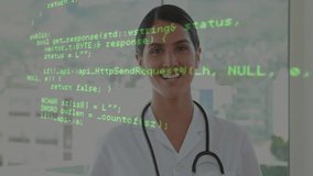 Code overlay fading and revealing doctor smiling in clinic window, inspiring professional trust. Technology, healthcare, innovation, digital, professionalism, urban, confidence - Powered by Shutterstock - Get 15% off with code: PIKWIZARD15