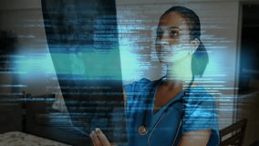 Female doctor gripping and lifting X-ray film causing digital code overlay intensifying across scan. Medical, healthcare, diagnostics, technology, innovation, professionalism, clinical - Powered by Shutterstock - Get 15% off with code: PIKWIZARD15