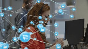 Female agent typing, speaking into headset and jotting notes, initiating ecommerce security overlay. Cybersecurity, technology, collaboration, digital, innovation, professional, network - Powered by Shutterstock - Get 15% off with code: PIKWIZARD15