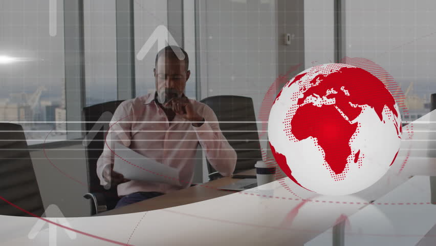 Man picking up report, scanning rotating digital globe with streaming data for business review. Corporate, globalization, analytics, technology, decision-making, innovation, strategy - Powered by Shutterstock - Get 15% off with code: PIKWIZARD15