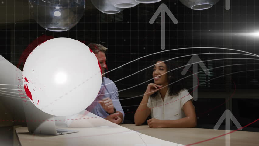 Business duo reacting to globe materializing, female indicating upward arrow trend and male nodding. Technology, data visualization, collaboration, analytics, innovation, corporate, professional
