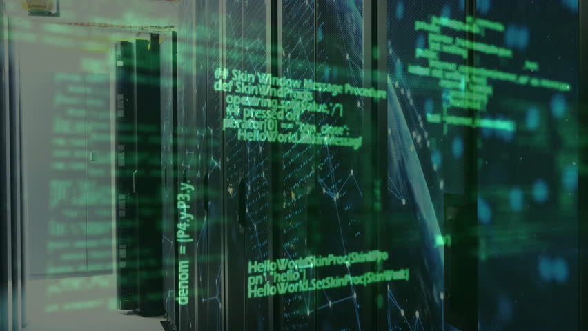 Code appearing on racks scrolling functions and camera panning visualizing network processes. Cyberspace, technology, digital, cybersecurity, innovation, futuristic, data - Powered by Shutterstock - Get 15% off with code: PIKWIZARD15