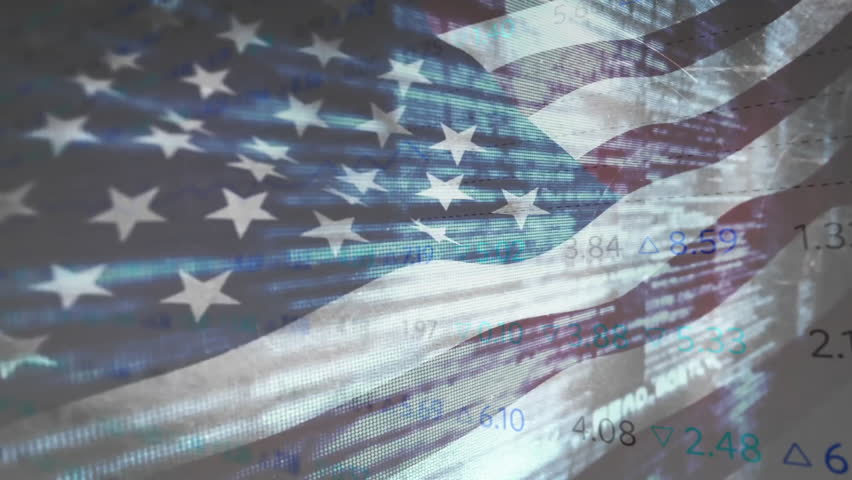 When star field emerging, American flag waving while market data updating to show financial trends. Patriotic, digital, motion, innovation, technology, finance, broadcast