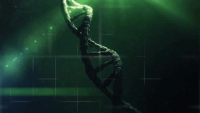 Emerging glowing DNA strand forming and rotating in UI, with HUD panel visualizing genetic data. Futuristic, scientific, data visualization, technology, abstract, innovation, digital - Powered by Shutterstock - Get 15% off with code: PIKWIZARD15