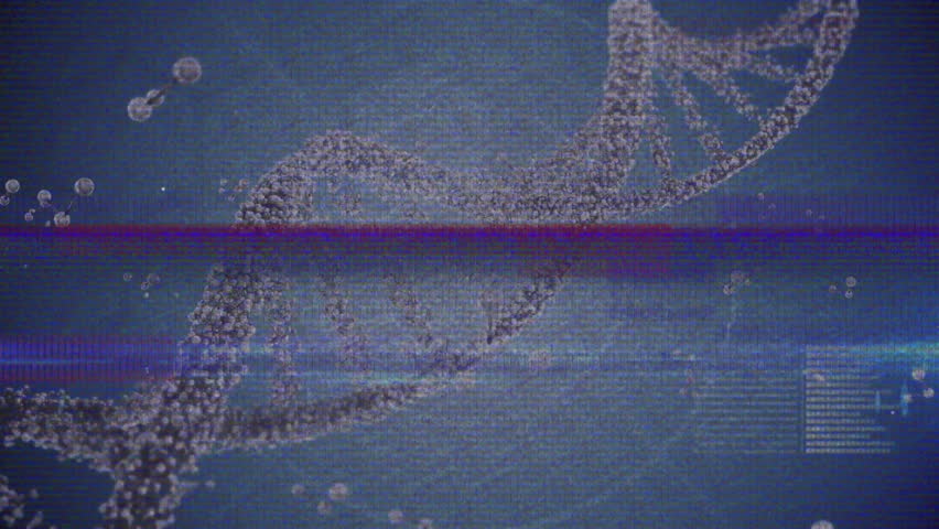 Static band scanning initiating DNA helix rotating, glitching, visualizing molecular data flow. Bioinformatics, futuristic, digital, scientific, technology, data visualization, molecular