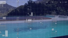 Turquoise pool fading grid overlay before swimmer performing freestyle laps updating digital panels. Aquatics, data visualization, fitness, modern design, outdoor setting, technology, athleticism - Powered by Shutterstock - Get 15% off with code: PIKWIZARD15