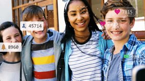 Friends posing with smartphone initiating social media icons rising counts measuring engagement. Adolescents, technology, communication, outdoor, modern, connection, collaboration - Powered by Shutterstock - Get 15% off with code: PIKWIZARD15