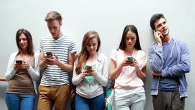 Center woman tapping smartphone causing social media bubble steadily rising among five friends. Collaboration, connectivity, technology, social interaction, youthful, communication, digital - Powered by Shutterstock - Get 15% off with code: PIKWIZARD15