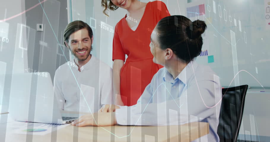Team leader gesturing at laptop during business meeting animating bar-line charts boosting insights. Collaboration, teamwork, innovation, productivity, digital data, brainstorming, modern workspace