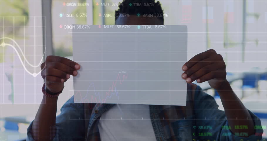 Man lifting sheet in tech room, animating hologram data and shifting line graphs presenting insight. Futuristic, digital, innovation, analytics, visualization, conference, modern