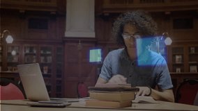 Student in library room resting chin gazing at laptop and writing notes from books for education. Study, learning, concentration, study space, academic, knowledge, research - Powered by Shutterstock - Get 15% off with code: PIKWIZARD15