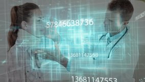 Doctor tapping scanner and scanning patient neck in clinic with holographic grid capturing metrics. Medical, technology, futurism, healthcare, innovation, professional, digital - Powered by Shutterstock - Get 15% off with code: PIKWIZARD15