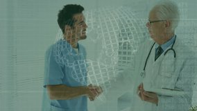 Senior doctor tapping clipboard in hospital briefing nurse with 3D globe and data before handshake. Medical team, collaboration, futuristic, healthcare, scientific, professionalism, digital interface - Powered by Shutterstock - Get 15% off with code: PIKWIZARD15