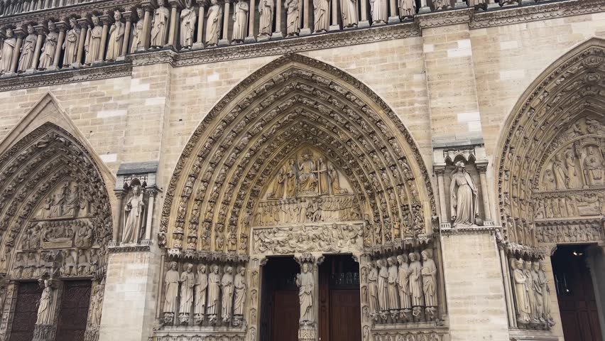 View of the main western facade of the of medieval Catholic cathedral Notre Dame de Paris, Cathedral of Our Lady of Paris, Ile de la Cite, 4th arrondissement of Paris, France.