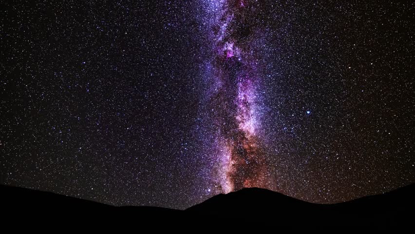 Night sky time lapse with bright Milky Way galaxy on the sky. Starry night, astronomical background.
