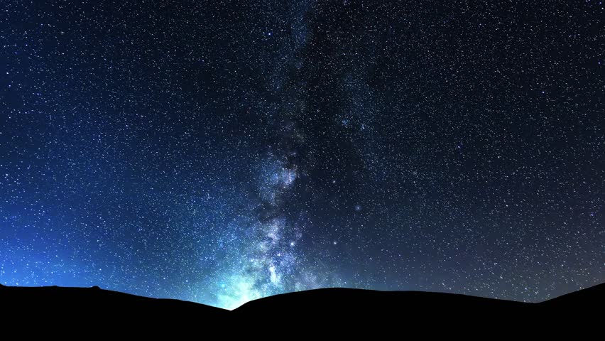 Night sky time lapse with bright Milky Way galaxy on the sky. Starry night, astronomical background.