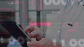 Senior doctor tapping tablet reviewing data outside hospital while red hacking overlay intensifying. Cybersecurity, medical, technology, cybersecuritythreat, hospital, digital, glitch - Powered by Shutterstock - Get 15% off with code: PIKWIZARD15