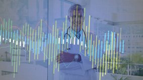 Doctor monitoring animated health chart rising with green bars appearing and tracing red trend line. Health, analytics, innovation, technology, professionalism, data, urban - Powered by Shutterstock - Get 15% off with code: PIKWIZARD15