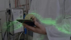 Lab technician tapping tablet and swiping data stream while analyzing live green code waveform. Technology, data, innovation, digital, futuristic, analysis, engineering - Powered by Shutterstock - Get 15% off with code: PIKWIZARD15