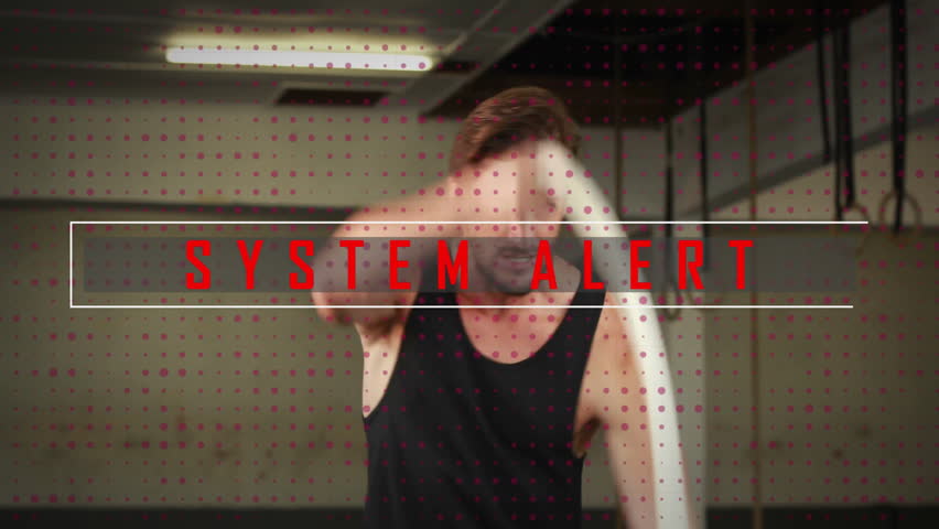 Lower-half grasping rope initiating workout man whipping rope while SYSTEM ALERT text glitching. Strength, fitness, gym, exercise, training, digital, high-intensity