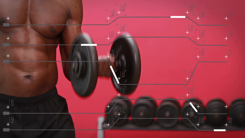 Fitness trainer initiating alternating bicep curls for muscle tracking, displaying graphic overlays. Muscular, strength, workout, equipment, determination, motivation, energy