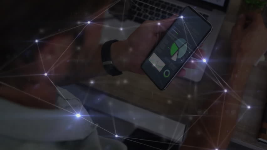 Man tilting smartphone activating glowing nodes net pulsing highlighting pie chart then retracting. Technology, data, analytics, visualization, connectivity, digital, professional - Powered by Shutterstock - Get 15% off with code: PIKWIZARD15