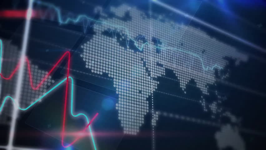 Dotted map filling frame causing red and cyan lines tracking trends, rising bars pulsing highlights. Analytics, data visualization, futurism, finance, digital interface, technology, innovation - Powered by Shutterstock - Get 15% off with code: PIKWIZARD15