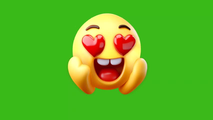 A cheerful 3D emoji with heart eyes and an open mouth, expressing adoration, set against a vibrant green screen. Perfect for expressing love and joy