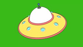 A whimsical yellow UFO with a white dome and blue antenna hovers against a vibrant green screen, ready for animated adventures - Powered by Shutterstock - Get 15% off with code: PIKWIZARD15
