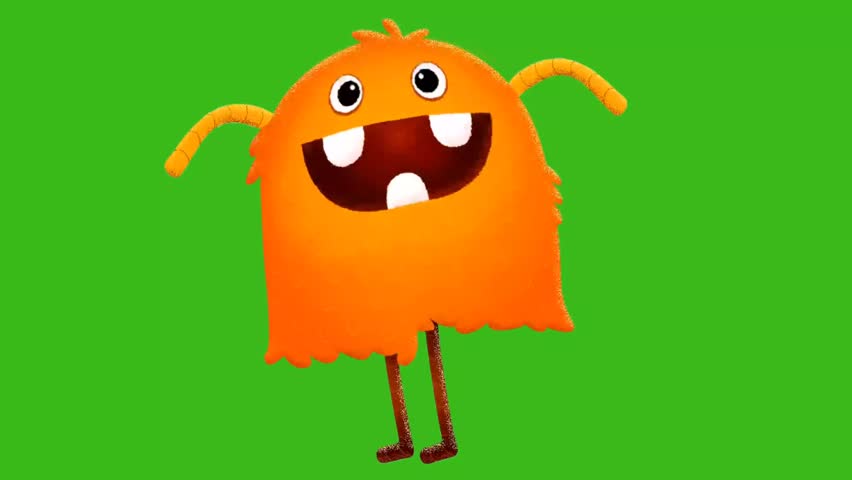 An exuberant orange monster with a wide, toothy grin dances against a vibrant green background, radiating pure joy