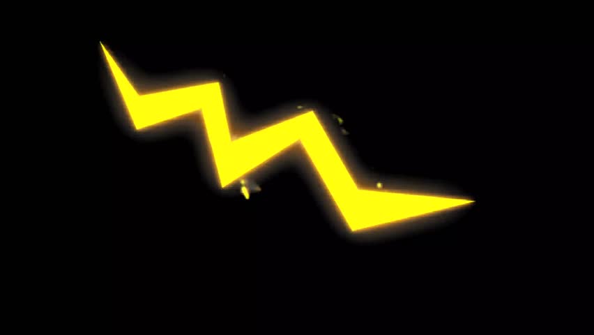 A vivid yellow lightning bolt flashes across a dark screen, accompanied by subtle sparks, conveying sudden power, electricity, or impactful energy