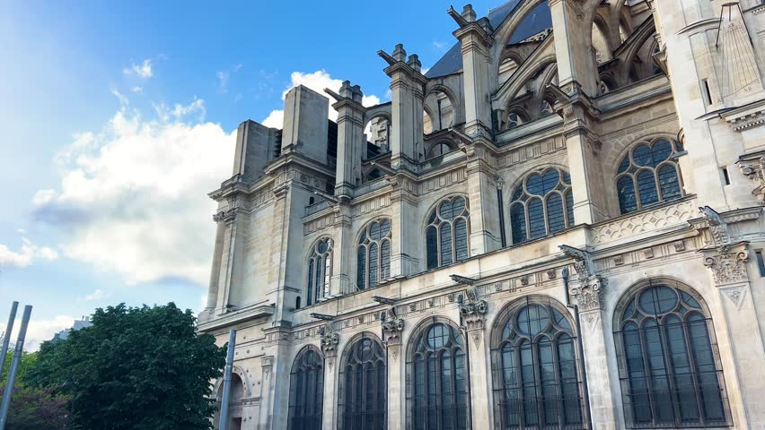 The South facade of the Church of St. Eustache with the transept in center, in the Flamboyant Gothic style, the 1st arrondissement of Paris, France.