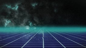 Opening to reveal cyan horizon above purple grid receding, pulsing and glitching starry backdrop. Neon, futuristic, digital, abstract, cosmic, surreal, vibrant - Powered by Shutterstock - Get 15% off with code: PIKWIZARD15