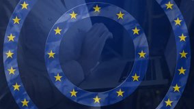 Businesswoman tapping touchscreen and swiping upward for reviewing EU data with stars brightening. Technology, innovation, digital, strategy, professionalism, corporate, leadership - Powered by Shutterstock - Get 15% off with code: PIKWIZARD15