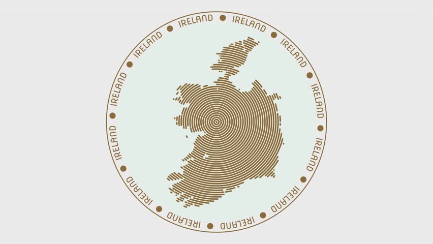 Ireland shape with dynamic circles visual effect. Animation of Ireland logo appearing from rotating rings and Country name around the shape. Intro, opening, closing, logo video.