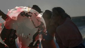 women raising smartphone for group selfie on beach animated globe orbiting showcasing social media. Friendship, leisure, outdoor, digital, connectivity, communication, modern - Powered by Shutterstock - Get 15% off with code: PIKWIZARD15