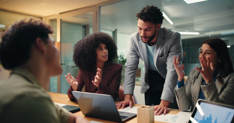 Happy, business people and meeting with high five for statistics, night or performance in office. Group, employees or team working late with laptop or tablet for success, completion or done project