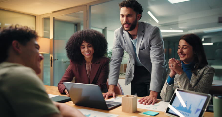 Happy, business people and meeting with high five for statistics, night or performance in office. Group, employees or team working late with laptop or tablet for success, completion or done project