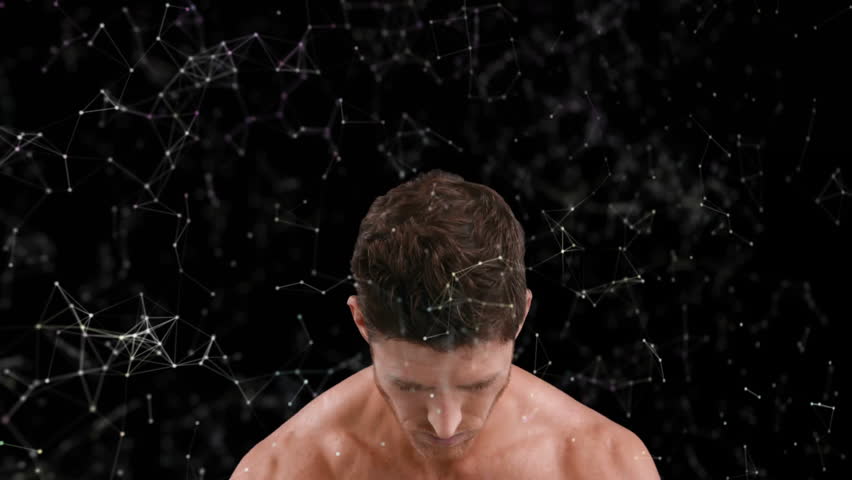 Shirtless male standing in void, tech device icons linking causing flexing arms showing connection. Technology, connectivity, innovation, strength, digital, cyberspace, modern