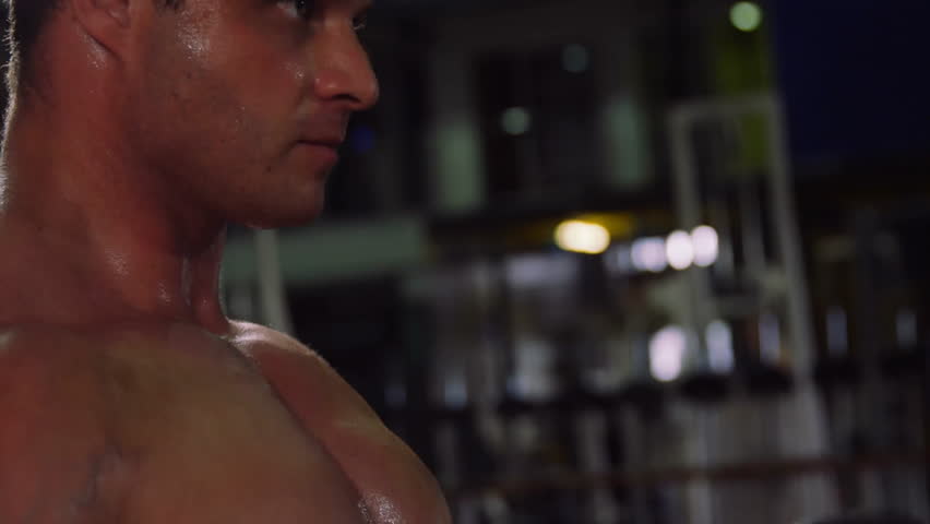 Shirtless fitness pro gripping weight and doing curl for power, glitch grid fading revealing muscles. Muscular, fitness, strength, workout, digital art, modern, athletic