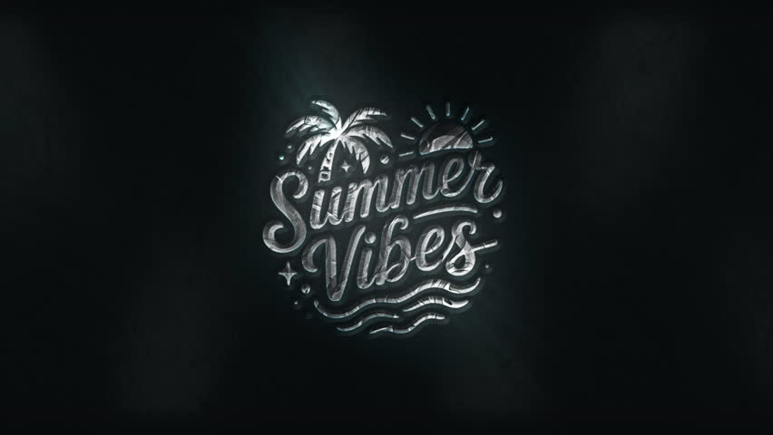 Shiny chrome Summer Vibes text with palm tree and waves on dark background, ideal for summer-themed digital posters, party invites, or trendy seasonal content.
