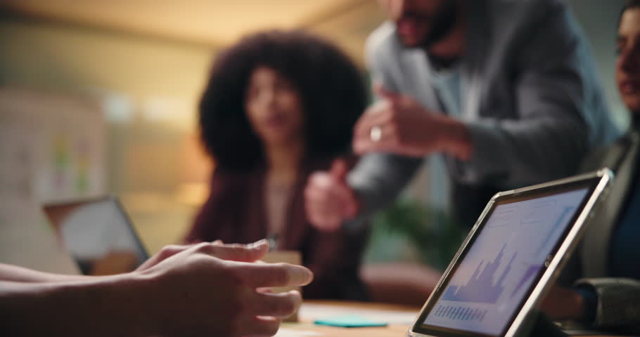 Business people, hands or night with tablet for meeting, discussion or statistics in office. Group, employees or team working late with technology, graph or chart for project performance in workplace