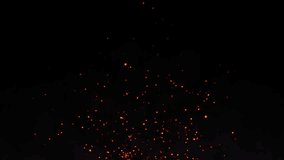 Glowing fiery red fire sparks rising with the wind on a night sky. Bright burning fire particles and bonfire embers. Hot fire ashes moving up, heat and haze of a campfire. Fire background. 4k.  - Powered by Shutterstock - Get 15% off with code: PIKWIZARD15