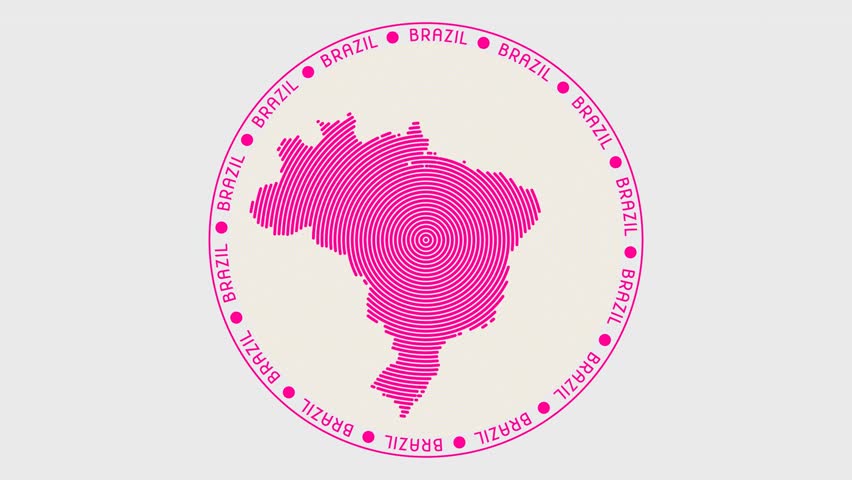 Brazil shape with dynamic circles visual effect. Animation of Brazil logo appearing from rotating rings and country name around the shape. Intro, opening, closing, logo video.