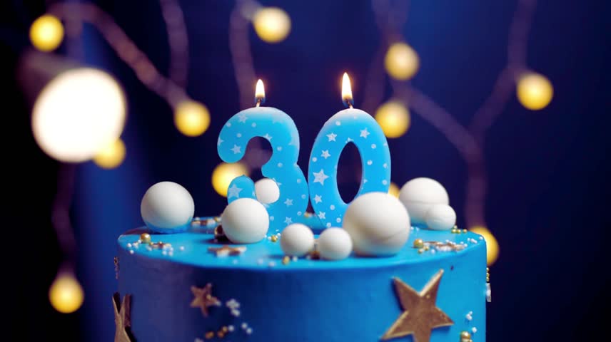 30th Birthday Cake with 30  Blue Candle – Starry Sky and Moon Background | Slow Motion Close-Up Scene - Powered by Shutterstock - Get 15% off with code: PIKWIZARD15