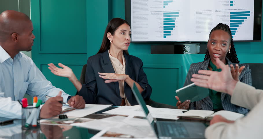 Business, woman and talk to staff in meeting for audit, finance report and review budget. People, explain and team listening for accounting schedule, financial feedback and information for investment