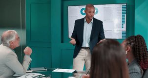Business, man and meeting with graphs on screen for accounting, finance data and sales charts. People, presentation and stats for company growth, budget review and funding pitch for risk management - Powered by Shutterstock - Get 15% off with code: PIKWIZARD15